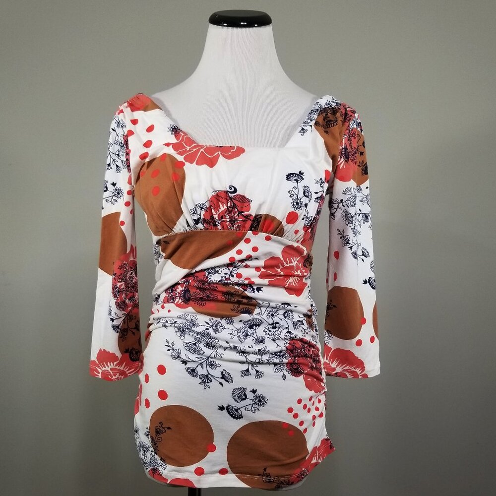 Cabi 955 Empire Poppy Print Square Neck Top M Ruched Bohemian Floral Blouse
